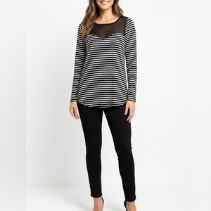 Gianni Bini Black & White Striped Long-Sleeve Top with Sheer Yoke